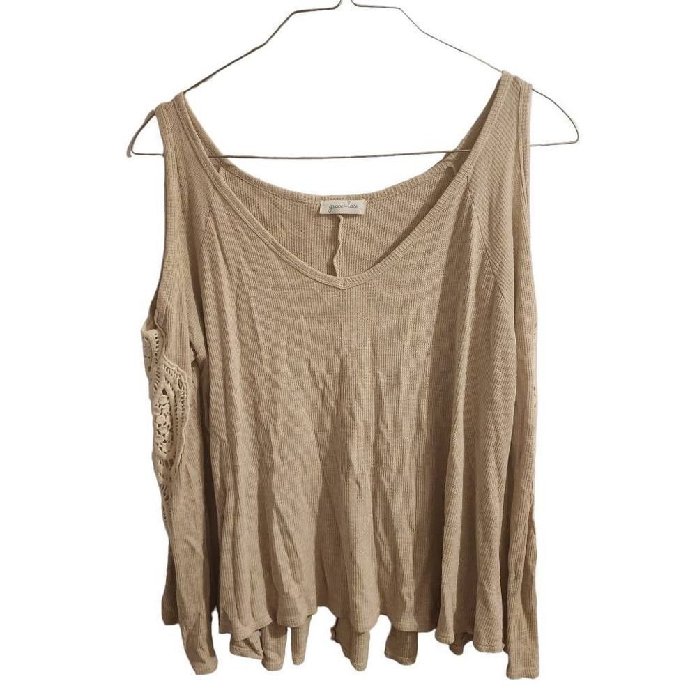 Grace & Lace Cold Shoulder Lace Taupe Long Sleeve Waffle Knit Top